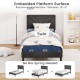 Upholstered twin platform bed with tufted headboard, faux linen fabric, and wooden slats, no box spring needed.