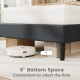 Upholstered platform bed with tufted headboard showing 6" bottom space for easy floor cleaning and robust wooden slats.