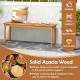Acacia wood outdoor dining bench with slatted seat, smooth finish, and round corners, ideal for garden or entryway use.