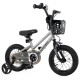 12-inch kids bike in silver with adjustable seat, dual brakes, and removable training wheels for ages 3-4.
