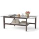 Rectangular 42-inch glass coffee table with brown rubber wood legs and open storage shelf for versatile use.