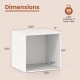White cube storage organizer with dimensions, designed for stackable use in living room or bedroom, holds up to 55 lbs.