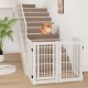 Freestanding 30-inch tall wooden pet gate in white, featuring lockable door and anti-slip footpads for stability.