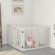 Freestanding 4-panel wooden dog fence in white, 30 inches tall, providing a safe space for pets indoors.