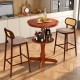 Round high top bar table in espresso with storage shelf, featuring a sturdy pedestal base for kitchen or dining use.