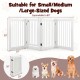 Freestanding 4-panel wooden dog fence in white, 30 inches tall, expandable to 80 inches, ideal for small to large dogs.