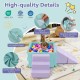 3-in-1 soft play set with purple suede fabric, includes ball pit, ramp, and staircase for toddlers' imaginative play.