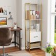 Narrow 5-tier bookcase in white with 4 open shelves and a storage drawer, ideal for small spaces and organization.