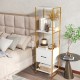 Narrow 5-tier bookcase in white with gold frame, featuring 4 open shelves and a storage drawer for small spaces.