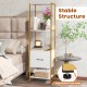Narrow 5-tier bookcase with adjustable foot pads for stability, featuring 4 open shelves and a deep storage drawer in.