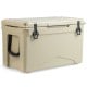 50 QT rotomolded cooler in tan with integrated cup holders, designed for long-lasting insulation and outdoor use.