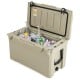 50 QT rotomolded cooler in tan with ice, drinks, and integrated cup holders, ideal for camping and outdoor activities.