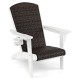 Patio Adirondack chair with rattan padded seat, white HDPE frame, and hidden cupholder for backyard relaxation.