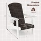 Patio Adirondack chair with rattan padded seat, white HDPE frame, dimensions shown, ideal for backyard relaxation.