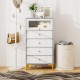 Modern 4-drawer storage cabinet in gray and white with fluted glass door, ideal for bedrooms and living rooms.