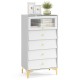 Modern 4 drawer storage cabinet in gray and white with flip-up fluted glass door, ideal for bedrooms and living rooms.