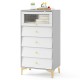 Gray and white modern storage cabinet showcasing inclined drawer doors and smooth slides, perfect for stylish.