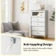 4-drawer gray and white storage cabinet with flip-up fluted glass door, featuring anti-toppling design for safety.