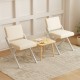 Two white padded dining chairs with rubber wood frames and a small wooden table, perfect for modern farmhouse.