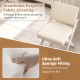 Close-up of a padded cushion on a white wooden dining chair, featuring breathable polyester fabric for comfort and.