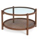 Round coffee table featuring a tempered glass top and hand-woven rattan shelf, perfect for living room decor.
