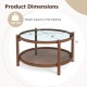 31-inch round coffee table with tempered glass top and rattan shelf, sturdy wood frame, ideal for living room use.