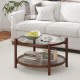 Round coffee table with tempered glass top and hand-woven rattan shelf, ideal for living room elegance and.