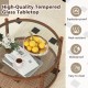 Round coffee table with tempered glass top and hand-woven rattan shelf, ideal for living room decor and functionality.