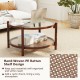 Round coffee table with tempered glass top and hand-woven PE rattan shelf, perfect for living room organization.