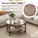 Round 31-inch coffee table with tempered glass top and hand-woven rattan shelf for living room elegance and safety.
