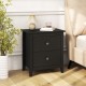 Modern black nightstand with two drawers, featuring a wide tabletop and elegant design for small spaces.