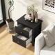 Black modern nightstand with two pull-out drawers, featuring a wide tabletop for bedside essentials in a stylish.
