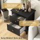 Modern black nightstand featuring a wide tabletop and two pull-out drawers for concealed storage in small spaces.