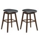 Set of 2 swivel bar stools with padded contoured seats, black PVC leather, and brown rubber wood legs for kitchen use.