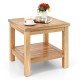 Teak wood square side table with open shelf, featuring a smooth surface and sturdy 2" thick legs for indoor or outdoor.