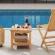 Teak wood square side table with open shelf, perfect for small spaces, shown beside a pool with drinks and snacks.