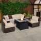 7-piece patio furniture set featuring a 35-inch propane gas fire pit table and beige cushions for outdoor relaxation.