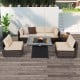 7-piece patio furniture set featuring a propane gas fire pit table with beige cushions, perfect for outdoor relaxation.