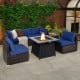 7-piece patio furniture set featuring a navy color scheme and a 35-inch propane gas fire pit table for outdoor.