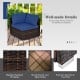 Corner view of a navy cushion patio chair with weather-resistant PE rattan, ideal for outdoor relaxation and durability.