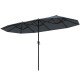 Double-sided 13 ft gray patio umbrella with crank handle, featuring robust metal ribs for stability and large shade.