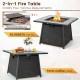 Patio coffee table with 50,000 BTU fire pit, featuring a removable metal lid and durable PE wicker for outdoor use.