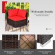 Corner chair from the 7-piece patio furniture set with red cushions, made of weather-resistant PE rattan for outdoor.