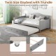 Twin size gray daybed with trundle, featuring smooth rolling wheels and convenient knobs for easy use in guest rooms.