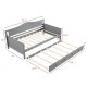 Twin size gray daybed with trundle on wheels, featuring solid pine wood frame and slats for stability, ideal for.