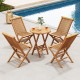 Set of two outdoor teak wood chairs with slatted seats, arranged around a round table by the pool for relaxation.