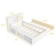 Twin size bed frame with trundle, storage headboard, and power outlets, featuring sturdy plywood slats for durability.