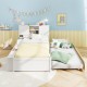 Twin size bed frame with trundle in white, featuring a storage headboard and power outlets, ideal for sleepovers.