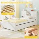 Twin size bed frame with trundle in white, featuring a solid wood structure and storage headboard for convenient use.