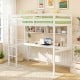 Twin size loft bed in white with integrated desk and shelves, ideal for home or dorm space-saving solutions.